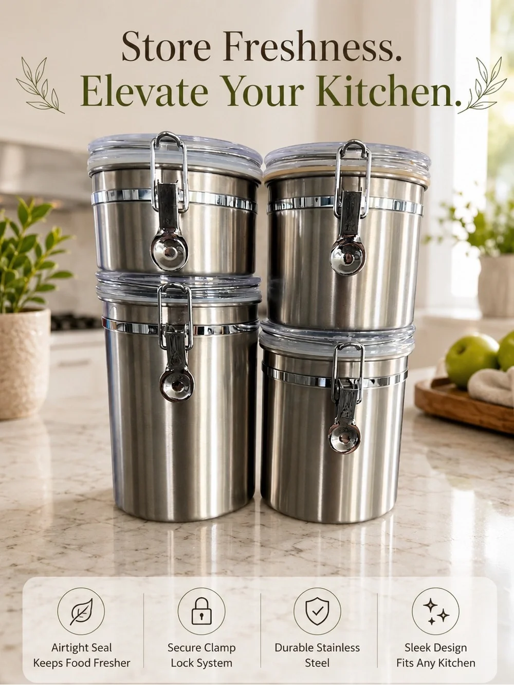 Stainless Steel Kitchen Canister Set of 4 with Secure Clamp Lock - Silver